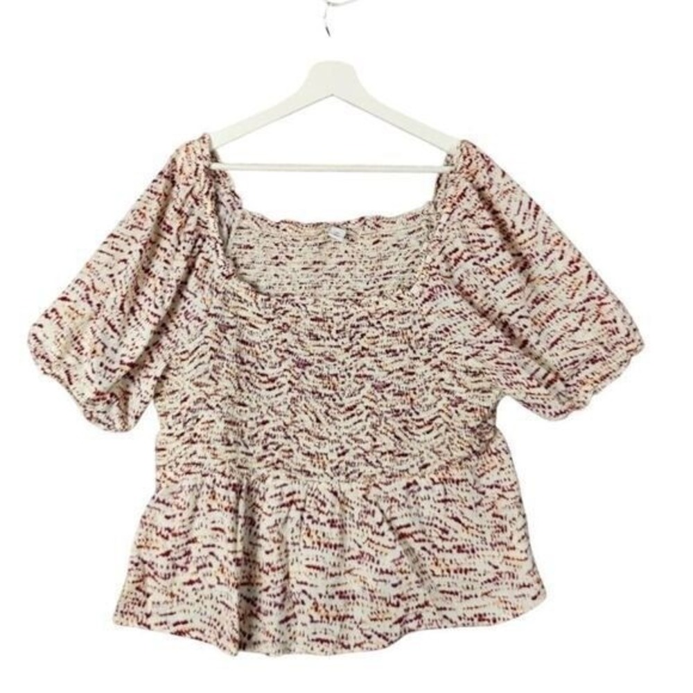 Old Navy Womens Cottagecore Boho Smocked Peplum Top XXL Cream Burgundy Abstract